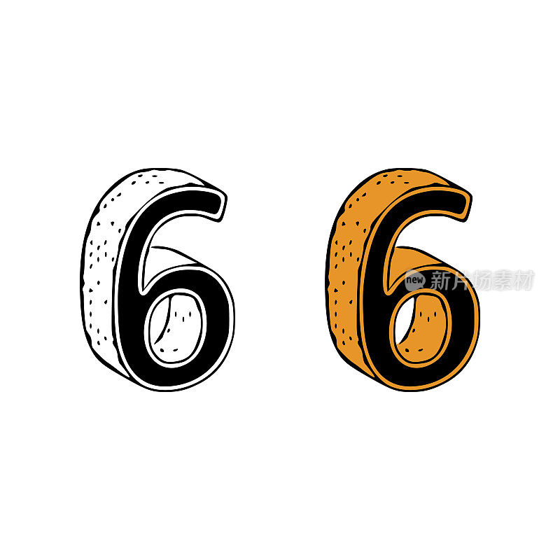 Isometric number 6 doodle vector illustration on white background. Number clip art.